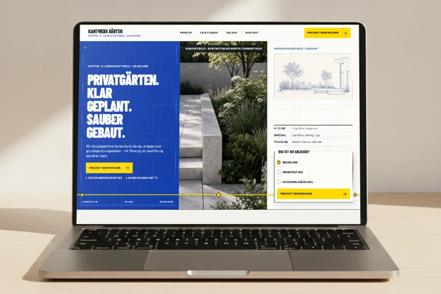 Startseite der Konzeptstudie KANTWERK Gärten: kobaltblaue Planfläche mit der Zeile „Privatgärten. Klar geplant. Sauber gebaut.“, daneben ein Foto aus Sichtbeton, Stufen und Staudenpflanzung, gelbe Maßlinie am Fuß.
