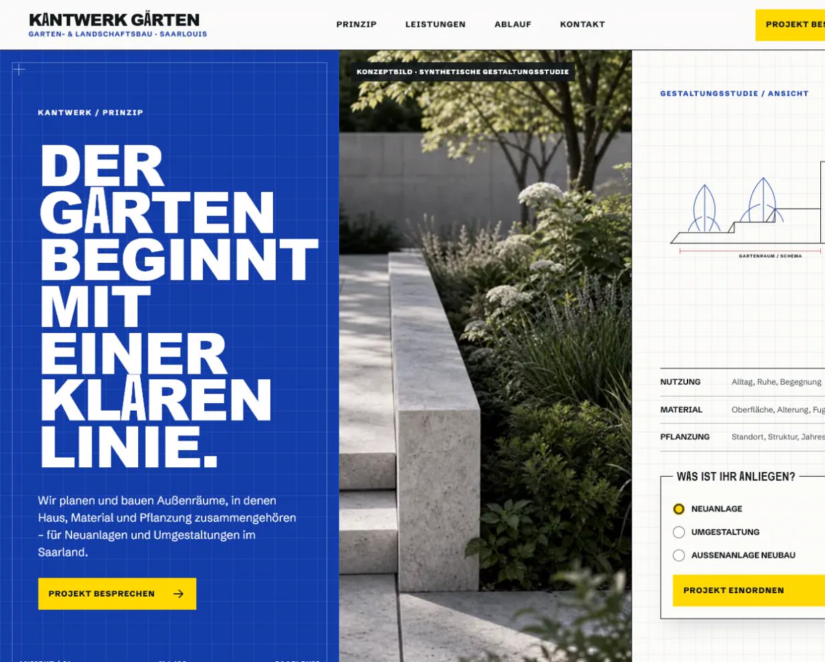 Startseite der Konzeptstudie KANTWERK Gärten: kobaltblaue Planflächen, große schmale Versalien, gelber Akzent.