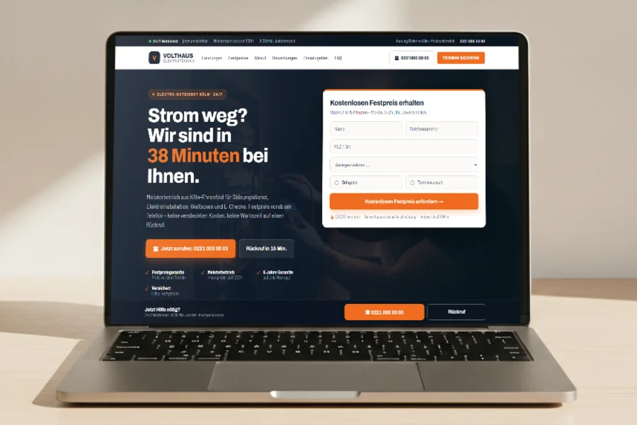 Startseite der Konzeptstudie Volthaus Elektrotechnik: dunkles Navy mit orangem Akzent, Nachtfoto eines Monteurs am Zählerschrank, daneben ein Formular für den Festpreis.