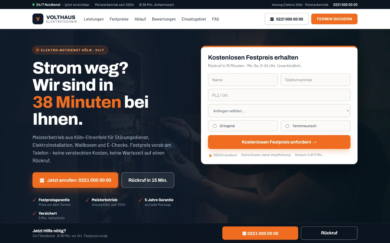 Startseite der Konzeptstudie Volthaus Elektrotechnik: dunkles Navy mit orangem Akzent, Nachtfoto eines Monteurs am Zählerschrank.